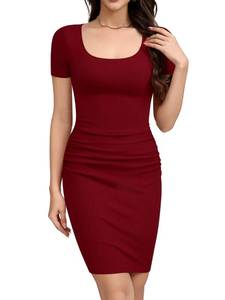 lot 3691 image: Missufe Womens Scoop Neck Short Sleeve Ruched Bodycon Sundress Ribbed Knit Slim Fit Casual Pencil Dress (Wine Red, Small)