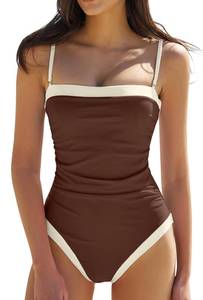 lot 3692 image: QINSEN Brown & Cream One Piece Swimsuit for Women Retro Colorblock Bathing Suit with Ruched Waist High Leg Swimwear M
