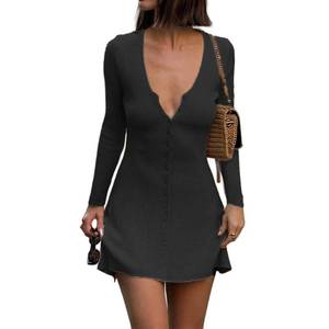 lot 3711 image: GCZREN Women Sexy Deep V Neck Button Front Knit Mini Dress Elegant Long Sleeve Ribbed Flowy Hem A-Line Short Dresses(L,Black)