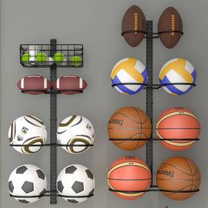 lot 3741 image: 8 Tier Detachable Wall Mounted Basketball Rack, VerticalHorizontal Football Holder, Holds 14 Balls DIY 1234 Soccer Stand, Height-Adjustable Ball Rack with Basket for Garage, Tool Room, Metal-Black