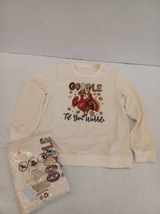 lot 15264 image: Gobble Til You Wobble Turkey Thanksgiving Sweatshirt,  Large, Lot Of 2