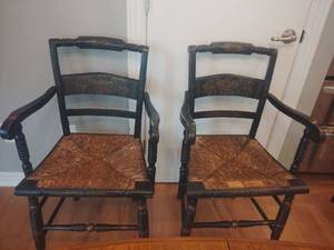 lot 902 image: Hand-Painted Antique Ladder Back Chairs with Rush Seats 35 x 16 x 20 in.