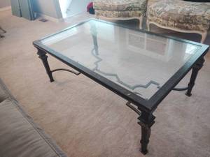 lot 922 image: Wrought Iron Coffee Table with Glass Top 19x49x30 in.