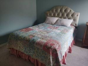 lot 931 image: Queen Leather Headboard Bed with Mattress and plastic box frame Headboard 62x24 in (Bedding not included)