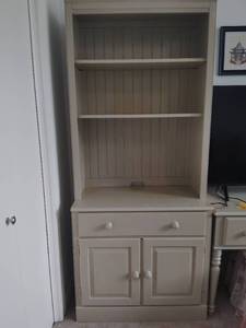 lot 940 image: Tan Painted Wood Hutch Cabinet with Shelving and drawers 74x19x32 in Located in Basement