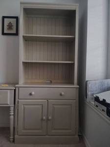 lot 942 image: Tan Painted Wood Hutch Cabinet with Shelving and Drawer 74x19x32 in