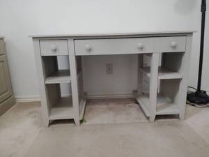 lot 946 image: Tan Painted Wood Desk with Drawer and Storage Shelves 29.5x24x48 in