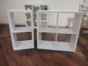 lot 1007 image: White Cube Storage Shelving Units Set 30x12x30 in and 30x12x12 in Located in Basement
