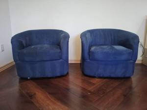 Pair of Blue  Suede Swivel Club Chairs 26x31x31 Located in Basement