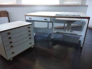 Rolling White Sewing Machine Table with Drop-In Platform and Storage Drawers 39x39x60 in Largest&nbsp; Located in Basement