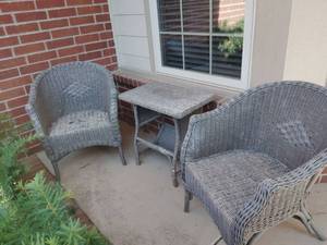 lot 2000 image: Gray Wicker Patio Furniture Set with Two Chairs and Table Needs a little TLC