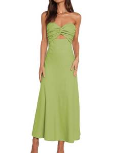 lot 4377 image: Fiemaoves Sexy Twist Front Strapless Sweetheart Neckline Midi Dresses for Women Smocked Cutout Tube Linen Dress Wedding Guest Sage