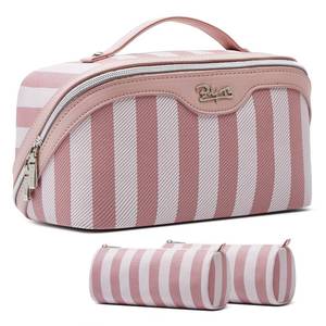 lot 4378 image: BOYATU Travel Makeup Bag Cosmetic Bag for Women 3 Pcs Set Striped Make up Bag with Compartments - Waterproof Vegan Leather Toiletry Bags with Handle - Makeup Organizer for Travel Essentials(A-3-Pink)