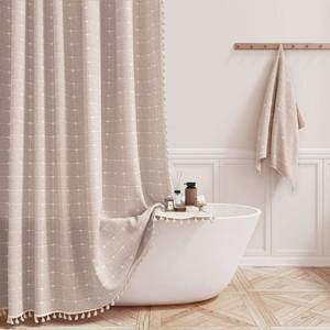 lot 4380 image: BTTN 60 Inch Stall Shower Curtain, Boho Farmhouse Linen Fabric Tassel Shower Curtain Set with 10 Plastic Hooks, Narrow Country Decorative Water-Repellent Shower Curtains for Bathroom, 60x72, TanTaupe
