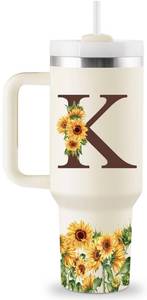 lot 4389 image: ROSTANTEN Sunflower Gifts for Women - Monogrammed 40 oz Tumbler with Handle & Straw - Personalized Gifts for Women, Monogrammed Gift for Mom, Wife, Sister, Friend - Initial Sunflower Tumbler Cup