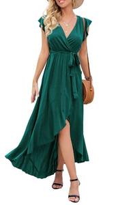 lot 4412 image: GRECERELLE Womens Summer Casual Cross V Neck Dress Bohemian Flowy Long Maxi Dress Dark Green-Large