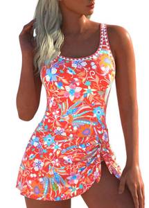 lot 4413 image: ROSEWE Womens Two-Way Wear One Piece Swimsuits, Tummy Coverage Modest Bathing Suits, Print Swimdress for Summer Coral