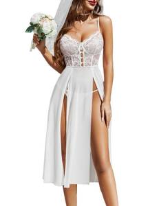 lot 4431 image: Avidlove Wedding Lingerie for Bride Long Sheer Nightgowns High Slit V Neck Nightwear for Honeymoon Photoshoot White