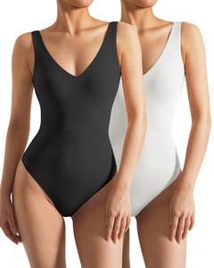lot 4433 image: SUUKSESS Women 2 Piece Thong Bodysuit Sexy V Neck Backless Sleeveless Tank Tops Body Suits (Black & White, S)