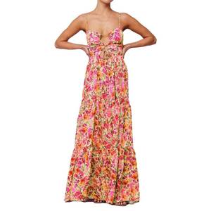 lot 4435 image: ABYOVRT Women Floral Maxi Dress Tie Front Cut Out Backless Boho Spaghetti Strap Summer Beach Sundress (Pink Orange,XL)