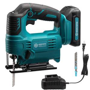 lot 4459 image: WOODSTARTER Cordless Jig Saw with Brushless Motor, 3 Adjustable Speed Settings, 45°-90° Cutting Angle, Compatible with T-Shaped Blades, Includes Dust Blowing Feature(With Battery and Charger)
