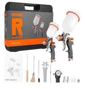lot 4470 image: REFINE HVLP Air Gravity Spray Gun Sets, 2-Spray Paint Gun, 1.0mm 100ml & 1.41.7mm 600ml Auto Paint Sprayer Gun with Air Regulator for Car Paint, Primer, Topcoat & Touch-Up, Furniture, House Painting.