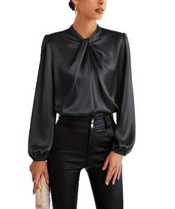 lot 4518 image: Womens Solid Wear to Work Blouse Mock Neck Lantern Long Sleeve Shirt Twist Front Top 2024 Trendy Black,S