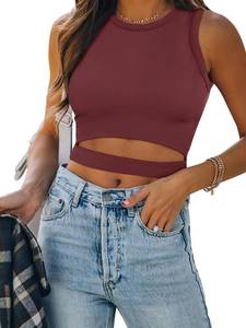 lot 4522 image: ANRABESS Women Tank Tops High Neck Sleeveless Sexy Cutout Racer Back Going Out Crop Tops Shirts Summer Y2K Outfits Wine Red X-Large