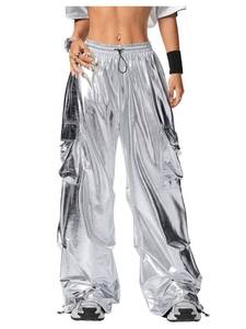 lot 4551 image: OYOANGLE Womens Metallic Drawstring High Waisted Y2K Cargo Pants Wide Leg Trousers Rave Joggers Streetwear Silver Large