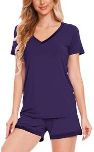 lot 4556 image: GYS Womens Bamboo Viscose Pajama Sets - Cooling Short Sleeve Sleepwear for Night Sweats, Moisture Wicking Pjs, Purple, Large