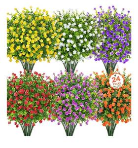 lot 4576 image: 24 Bundles Artificial Flowers for Outdoors, Faux Plastic Flowers UV Resistant Fake Greenery Shrubs Plants