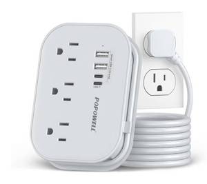 lot 4578 image: Flat Plug Power Strip- USB Travel Power Strip, 3 Outlets and 4 USB Ports(2 USBC) Desktop Charging Station, 5 Ft Wrapped Extension Cord,