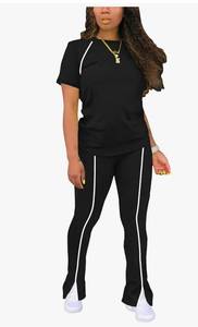 lot 4600 image: Women 2 Piece Outfits Summer Workout Sweatsuit Striped Short Sleeve Long Flare Pants Casual Travel Tracksuit medium