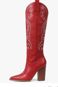 lot 4632 image: Knee High Cowboy Boots for Women Pointed Toe Chunky High Heels Pull-on Embroidered Boots Western Boots Wide Calf Cowgirl Boots Size 8