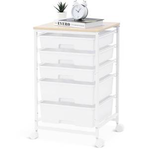 lot 4650 image: SYKIARIOL Utility Cart with 5 Drawers,Storage Drawer Cart with Wooden Tabletop and Lockable Wheels,Craft Storage Trolley Cart,5-Tier Rolling Utility Cart on Wheels,Bright White