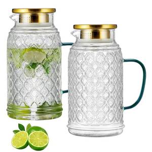 lot 4655 image: Buaic Glass Pitcher with Lid, 2 PACK 68 oz2 Liter Vintage Water Pitcher, Clear Borosilicate Glass Water Carafe for Cold Brew, Coffee, Lemonade, Iced Sun Tea,Beverage, Milk, Heat Resistant