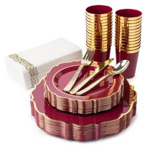 lot 4658 image: PREM-QUAL Burgundy &amp Gold Disposable Dinnerware Set for 25 Guests 175 Pc Heavy Duty Plastic Plates, 25 Cups, Gold Cutlery &amp Napkins Elegant Wedding, Thanksgiving, Holiday Party Plates