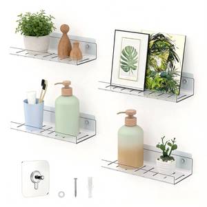 lot 4664 image: 2 Pack Adhesive PET Floating Shelves for Wall, Living Room, Kitchen, Bathroom Organizers and Storage with Adhesive Hooks (for No Drilling) and Drilling Screws