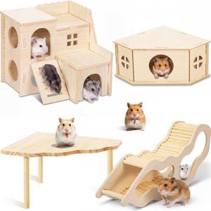 lot 4674 image: BreezeHug 4 Pcs Hamster Platform Hideout Wooden Tunnel Ladder Playhouse Hamster Game Climbing Toy with Platform Cage Accessories for Pets Dwarf Syrian Mice Degus Gerbils Squirrel(Spy Villa)