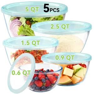 lot 4677 image: YUANYE 5 Pack Glass Mixing Bowls with Lids Set (52.51.50.90.6QT), Thick Glass Large Salad Bowl Set, Nesting Kitchen Bowls for Serving, Prepping, Cooking and Baking, Dishwasher,Oven,Microwave Safe