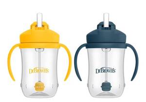 lot 4689 image: Dr. Browns Milestones Babys First Straw Cup, Training Cup with Weighted Straw, 9oz270mL, Dark BlueVintage Yellow, BPA Free, 6m, 2 Pack