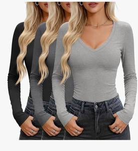 lot 4711 image: Huukeay 3 Pack Womens V Neck Long Sleeve Shirts Layering Undershirts Slim Fit Ladies Tops Underscrub Basic Tees XXL