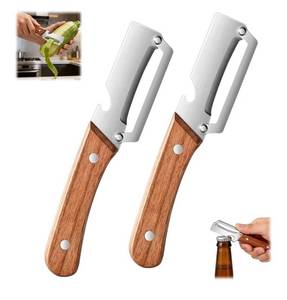 lot 4784 image: 2PCS Multi Functional Premium Vegetable Peeler with Wooden Handle and Bottle Opener,Stainless Steel Blade Kitchen Tool for Fruit Apple Potato Pumpkin Papaya Carrot