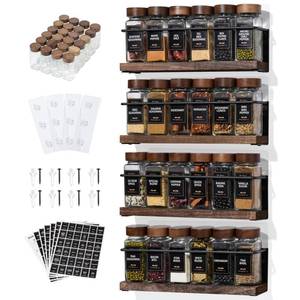 lot 4803 image: KitHero 4-Tier Wall Mount Spice Rack Organizer with 24 Glass Jars, 216 Labels & Funnel - ScrewAdhesive Mount, Black Metal & Wood Spice Storage for Kitchen Pantry Cabinet, 11.6W x 2.4D x 3.2H