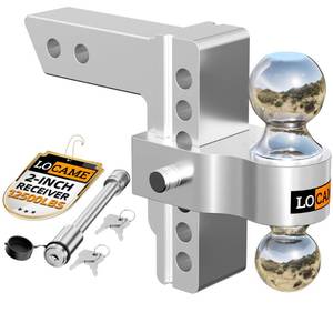 lot 812 image: LOCAME Adjustable Trailer Hitch, Fits 2-Inch Receiver, 6-Inch DropRise Aluminum Drop Hitch,12,500 LBS GTW-Tow Hitch for Heavy Duty Truck with Double Stainless Steel Locks, Silver - Retail $129.99