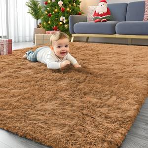 lot 4820 image: OLANLY Area Rugs for Living Room Bedroom, Machine Washable 4x5.9 ft Soft Fluffy Shaggy Bedside Rug, Indoor Floor Carpet for Kids Girls and Boys, Dorms, Nursery Rooms, Home Decor Aesthetic, Khaki