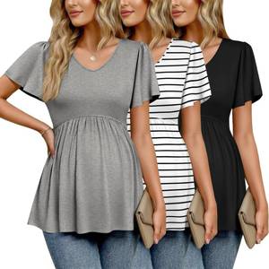 lot 4827 image: Ekouaer Maternity Shirts 3 Packs Flying Short Sleeve Maternity Tops V Neck T-Shirt Pregnancy Clothes BlackGreyWhite M