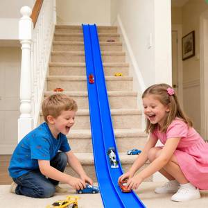 lot 1339 image: YHJZ Flexible Race Car Track 16Ft Starter Set with Suction Cups, Flexible Race Car Ramp Track with Diecast 164th Cars, Rolls Up Portable Racetrack for Ages 3 & Up (Blue