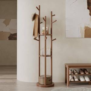 lot 1344 image: Muwuele Solid Wood Rotary Coat Rack, Freestanding Coat Rack with 3 Shelves and 9 Hooks, Coat tree for Bedroom, Entryway, Livingroom, Coat Hanger Stand for Coats, Scarves, Handbags (Walnut)