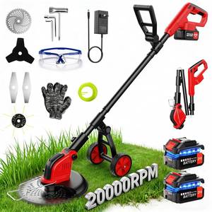 lot 1349 image: 12-Inch Cordless Electric Weed Wacker, 2x3.0Ah 21V Battery Powered Weed Eater with Wheels, 800W Brushless Motor, Lawn Mower with 4 Types Blades, 20000RPM Brush Cutter Grass Trimmer for Garden Yard